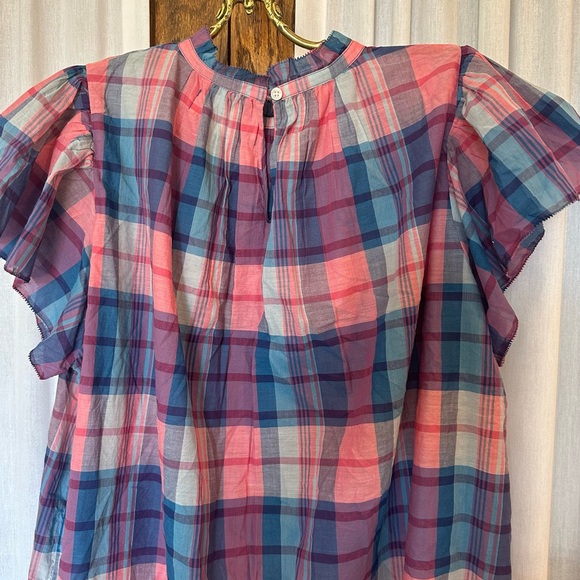Trovata Birds of Paradis Blue Pink Plaid Carla High Neck Shirt - Picture 7 of 13